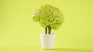 Bright green artificial brain plant growing in a white pot on a yellow background.