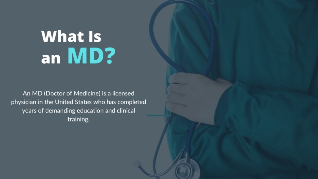 A doctor in green scrubs holding a stethoscope, next to text explaining what an MD (Doctor of Medicine) is in the United States.